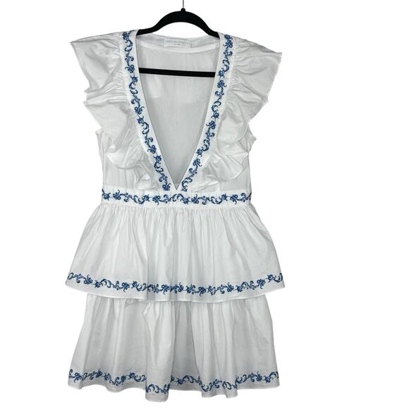 Caroline Constas Miranda Dress Embroidered Ruffle Plunge Neck White Blue Size M - Picture 3 of 10